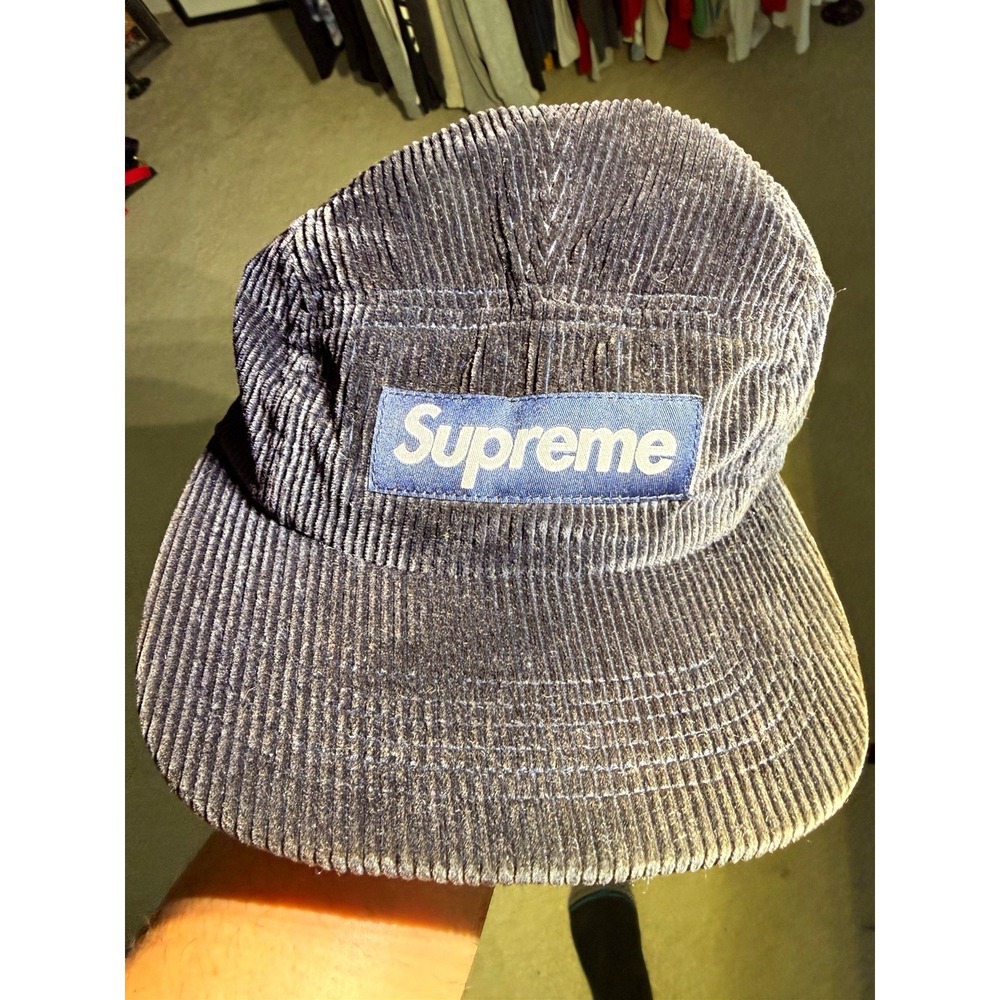 Supreme Corduroy Camp Cap Navy Blue Box Logo Leather Strap 5 Panel Hat